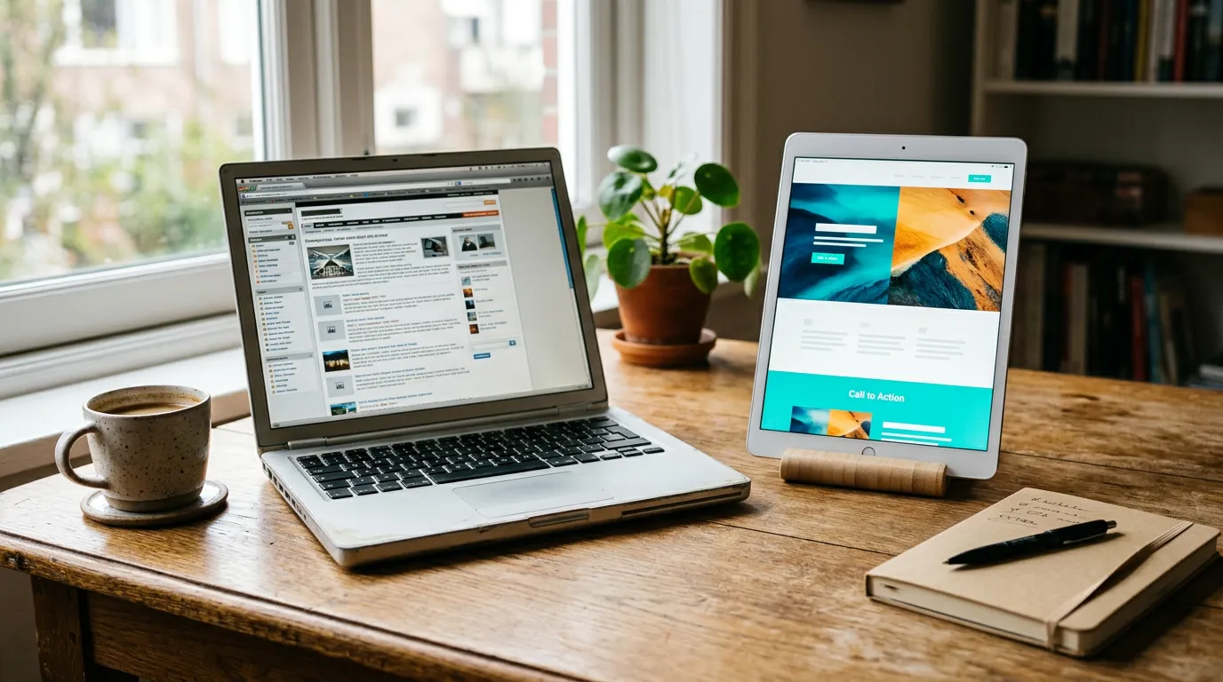 Schreibtisch mit altem Laptop, der eine unübersichtliche veraltete Website zeigt, daneben ein Tablet mit einer modernen, mobiloptimierten Website.
