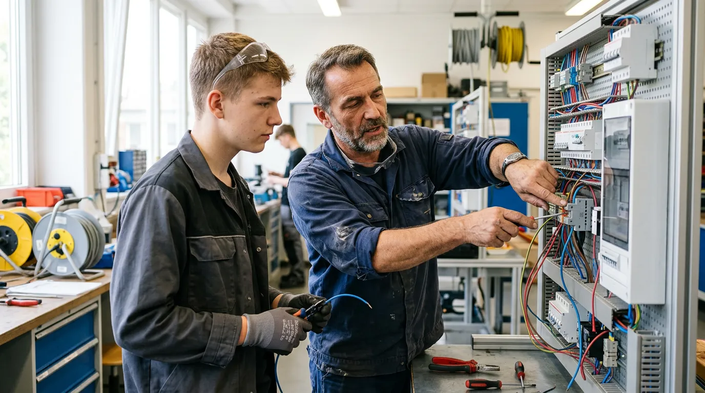 Elektromeister erklärt einem Auszubildenden mit Schutzbrille die Verdrahtung an einem Übungs-Schaltschrank in einer Werkstatt.