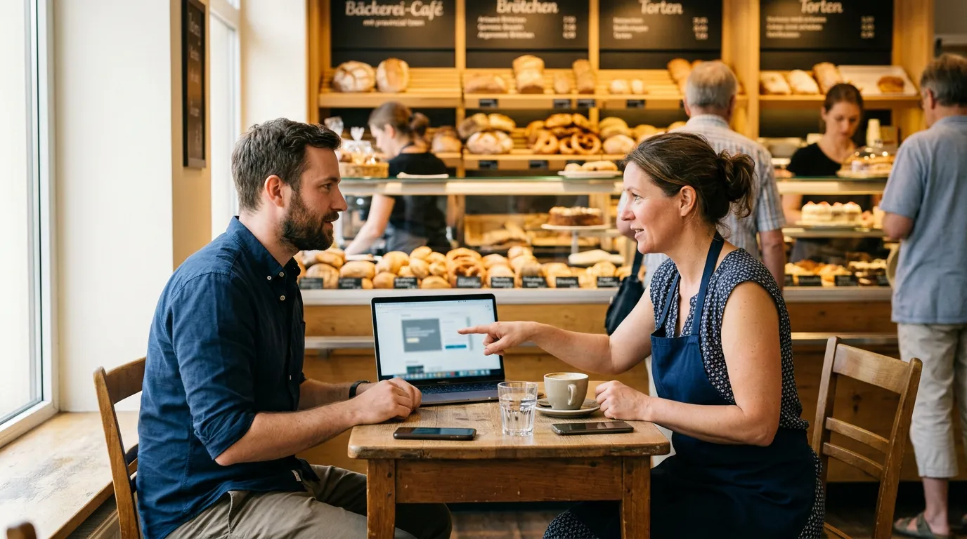 Beratungsgespräch in einem Bäckerei-Café: Eine Inhaberin mit Schürze zeigt auf einen Laptop, ihr gegenüber sitzt ein Berater.