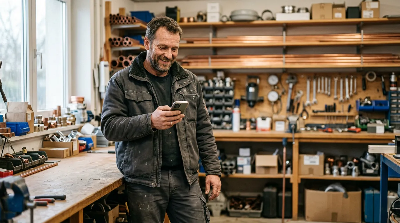 Handwerker in Arbeitskleidung schaut in seiner Werkstatt lächelnd auf sein Smartphone, im Hintergrund Regale mit Rohren und Werkzeug.