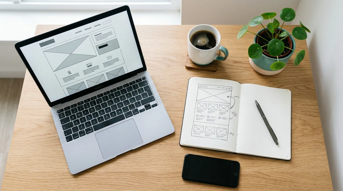 Aufgeräumter Schreibtisch von oben mit Laptop, der einen Website-Entwurf zeigt, daneben ein Notizbuch mit Skizzen, Smartphone, Kaffee und Pflanze.