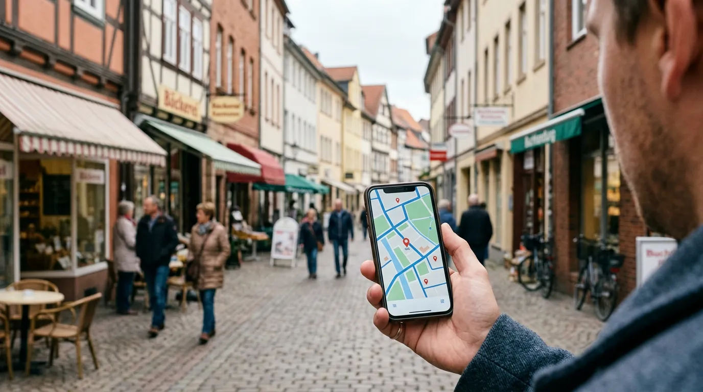 Hand hält ein Smartphone mit Kartenansicht und Standort-Markierungen vor einer Fußgängerzone mit Geschäften.