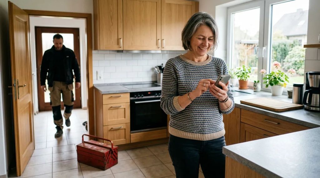 KI-generiertes Symbolbild: Kundin nutzt ein Smartphone zu Hause, keine dokumentierte Kundensituation in Brühl.