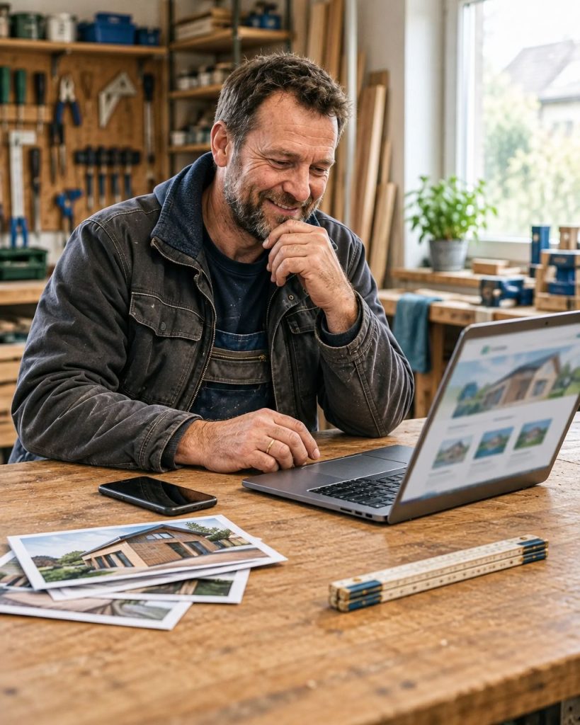 KI-generiertes Symbolbild: Handwerker prüft Website-Inhalte am Laptop in einer Werkstatt.